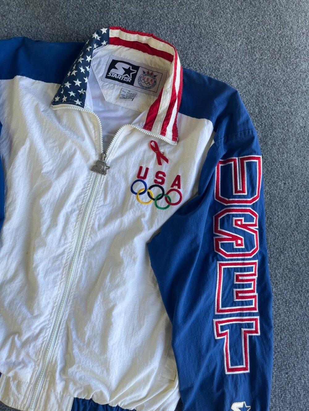 Vintage Starter USA Olympics Windbreaker Jacket With USET Size M White/Blue Nylo